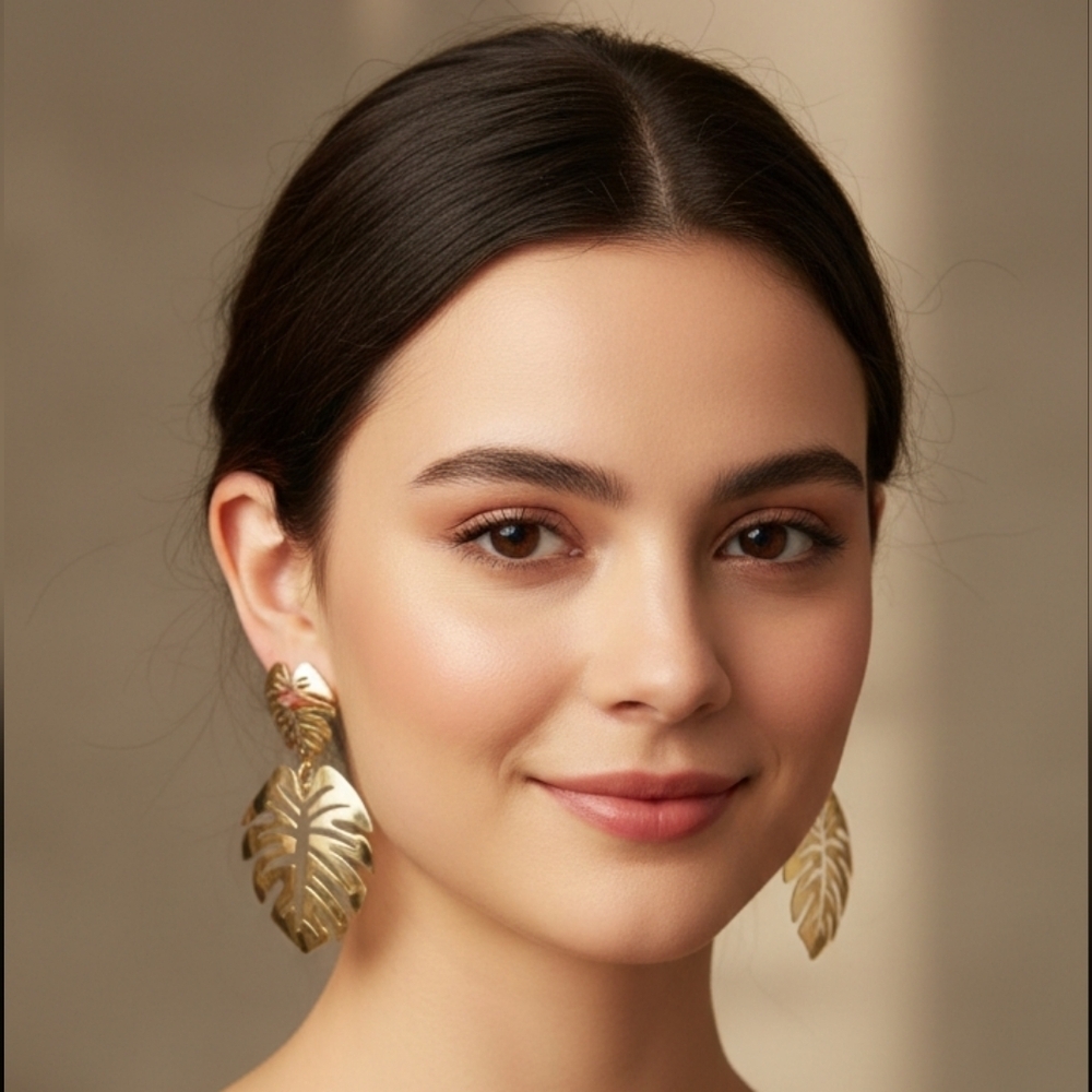 Tropical Monstera Leaf Earrings Solid Gold Brass Botanical Jewelry - Picture 6 of 6